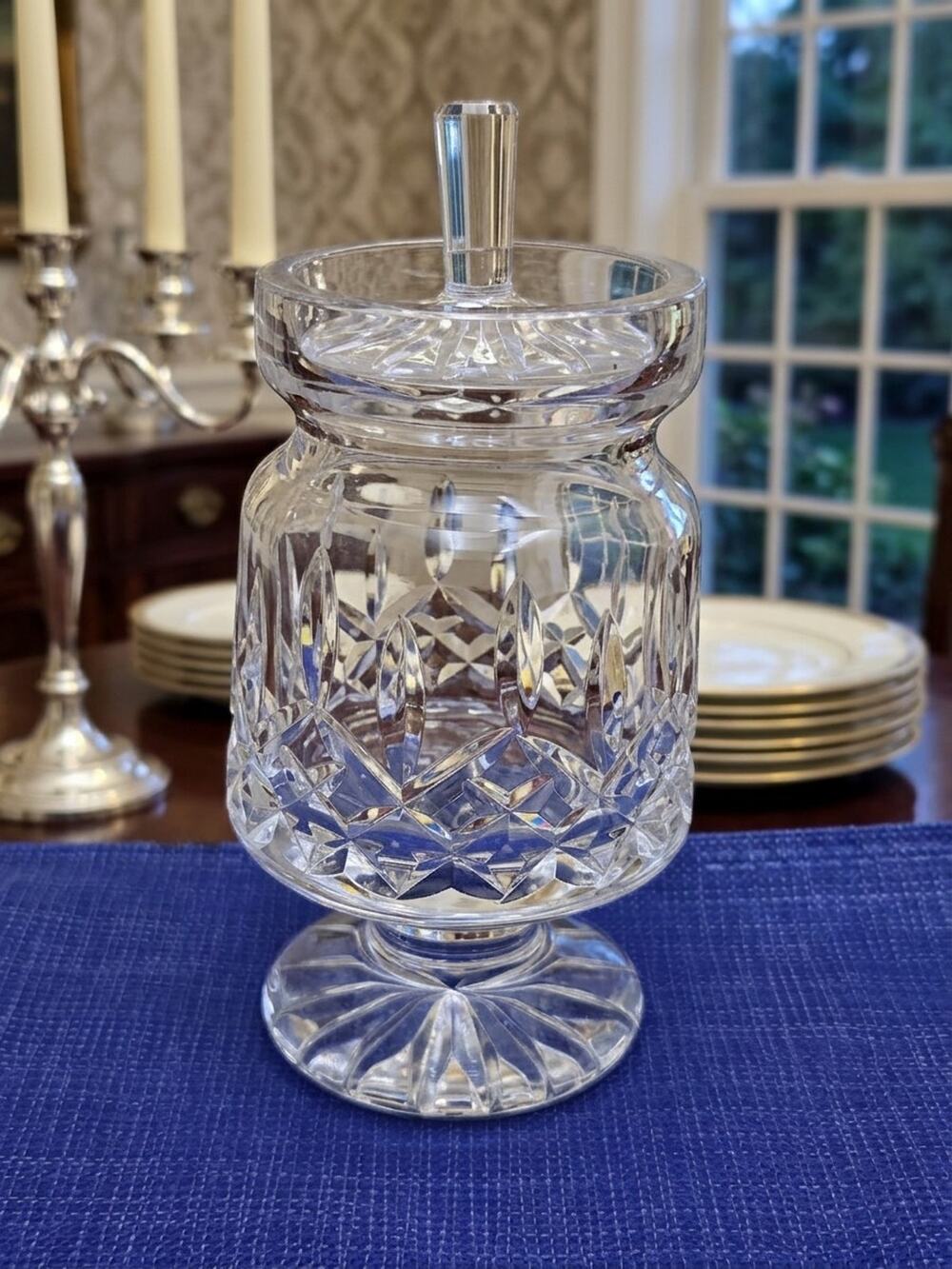 Waterford Vtg Cut Crystal Pedestal Mustard Jam Condiment Jar w/ Lid Lismore
